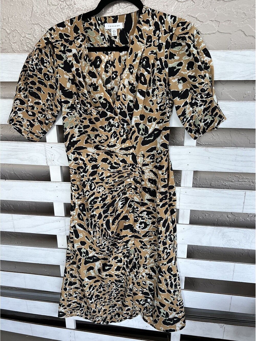 TopShop Leopard Dress Mock Wrap Milkmaid Midi Dress Animal Print Women 8.